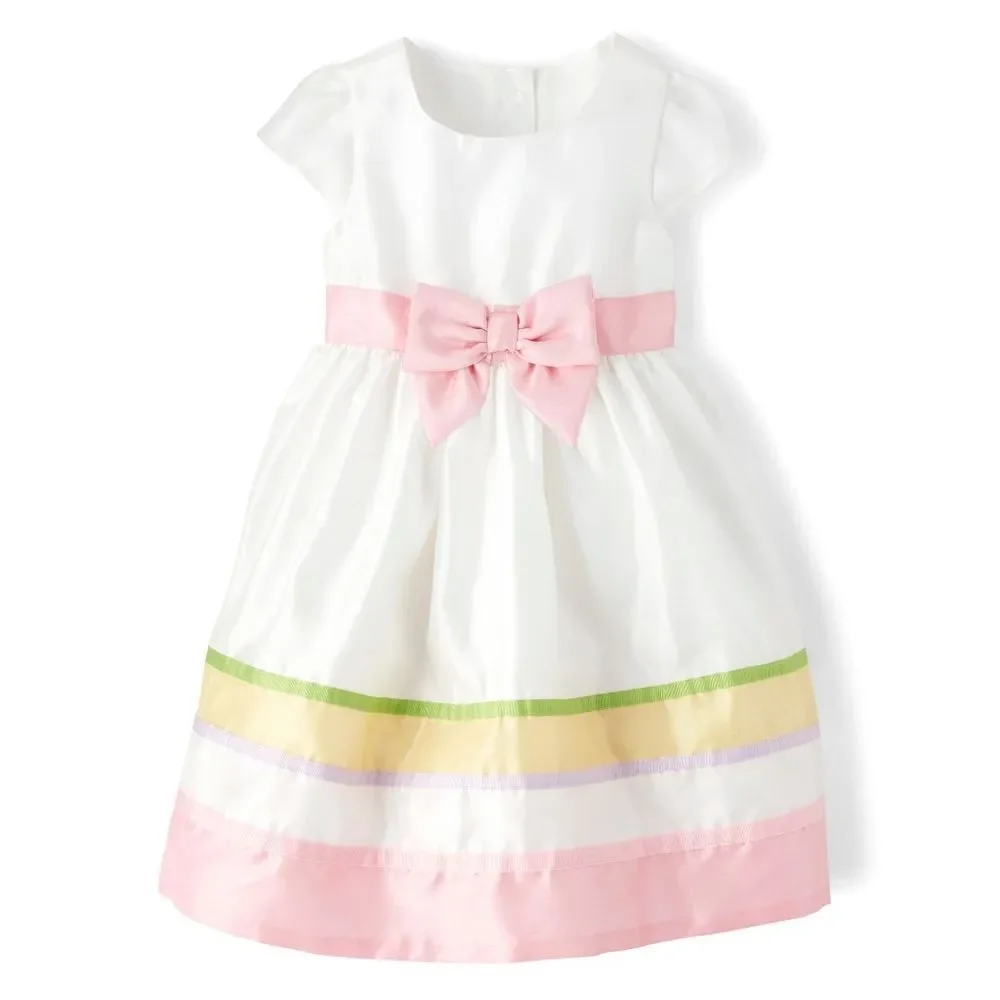 Girls Gymboree White & Pink Pastel Colors Striped Elegant Bow Dress Size 5t